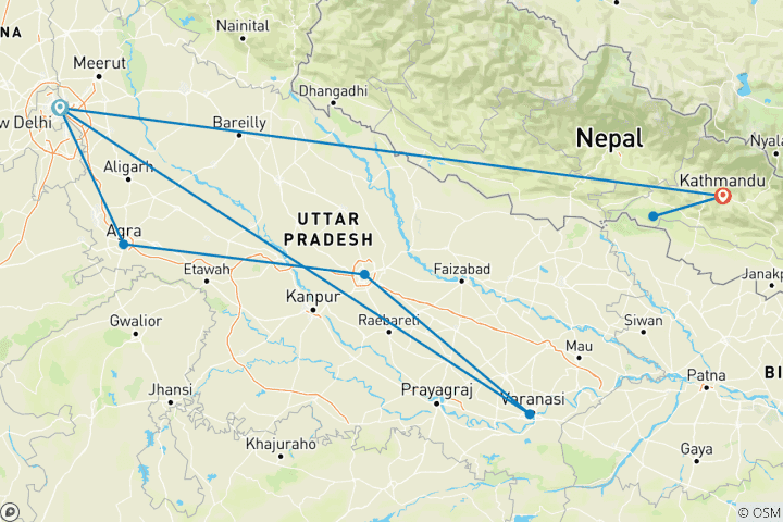 Map of Delhi to Kathmandu Quest (Without Nepal Trek, 12 Days, Air Price Delhi To Kathmandu)