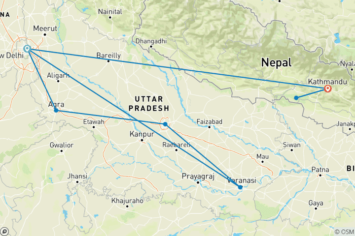 Map of Delhi to Kathmandu Quest (Without Nepal Trek, 12 Days, Air Price Delhi To Kathmandu Quest)