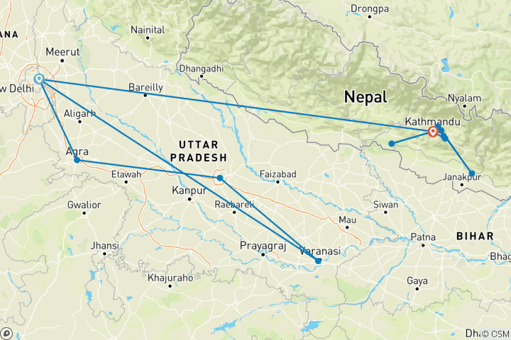 Map of Delhi to Kathmandu Quest (With Nepal Trek And Temples, 16 Days, Air Price Delhi To Kathmandu)