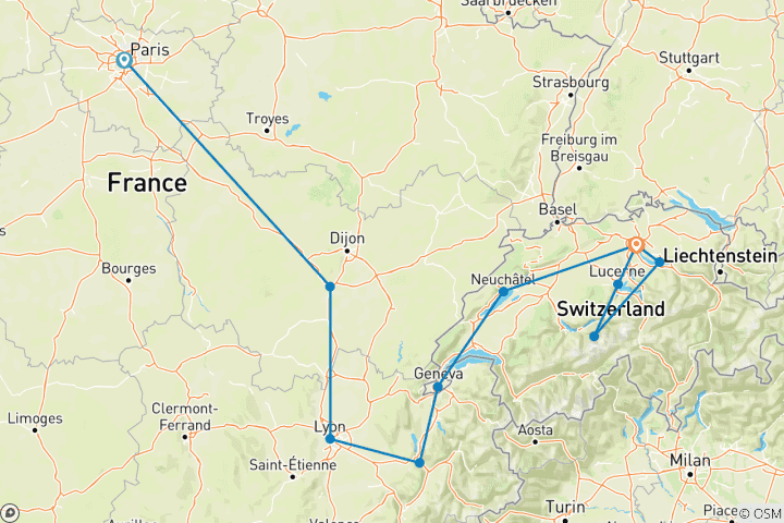 Map of 8-Day Paris to Zurich Holiday: France and Switzerland