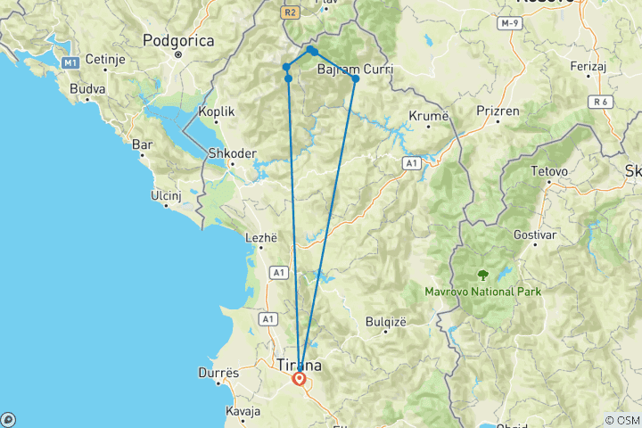 Map of Self-guided Tour Through Northern Albania - 5 days