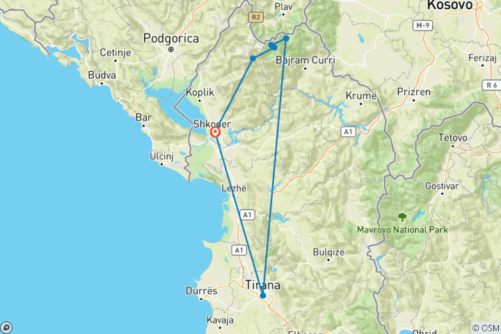 Karte von Selbstgeführt: Peaks of the Balkans – Albanien, Kosovo und Montenegro (8 Tage)