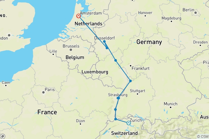 Map of Serenity on the Rhine 2026 - 8 Days (from Zurich to Amsterdam)