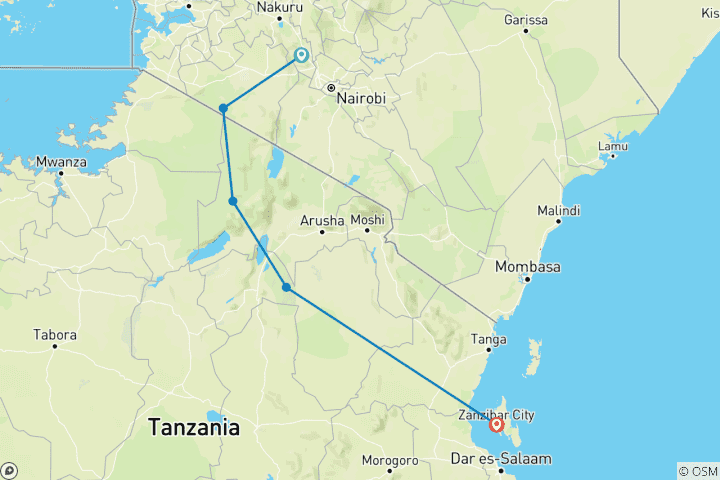 Map of 12-Day Midrange Kenya and Tanzania Safari and Beach Break