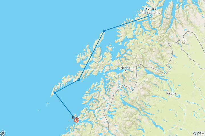 Map of Tromsø and Lofoten with Arctic Route