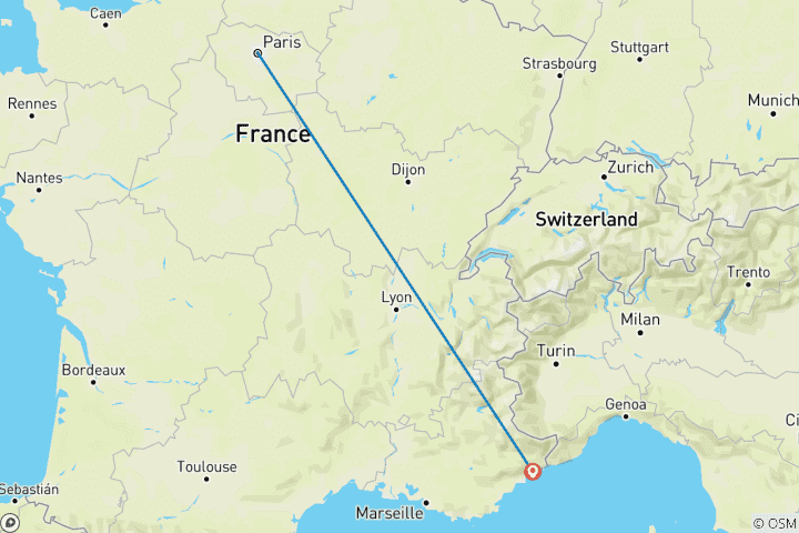 Map of 7 Day France- Paris And Nice by Train including Monaco And Versailles