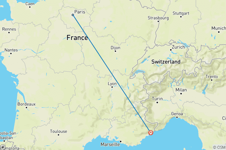 Map of 7 Day France- Paris And Nice by Train including Monaco And Versailles