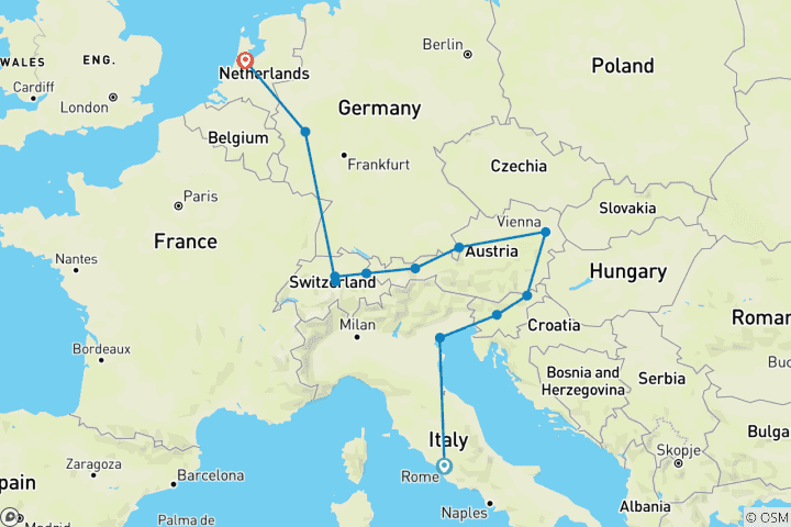 Map of Splendid Europe (Small Groups, End Amsterdam, 13 Days)