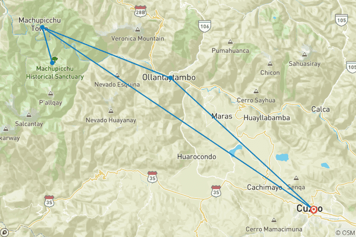 Carte du circuit Machu Picchu en bus 2 jours 1 nuit