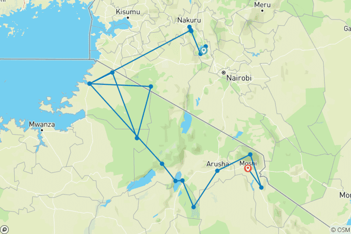 Map of 14-Day Breath-taking Kenyan and Tanzanian Safari