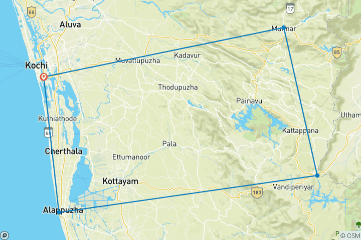 Map of From Cochin: 6-Day Tour to Munnar, Thekkady, and Alleppey