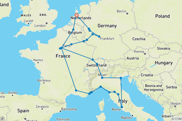 Map of 14-Day Western & Southern Delights: Amsterdam to Frankfurt, Paris, Venice, Rome