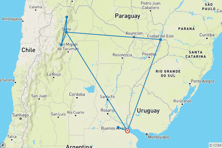 Map of 10-days discovering Argentina: Buenos Aires, Iguazú & Salta.