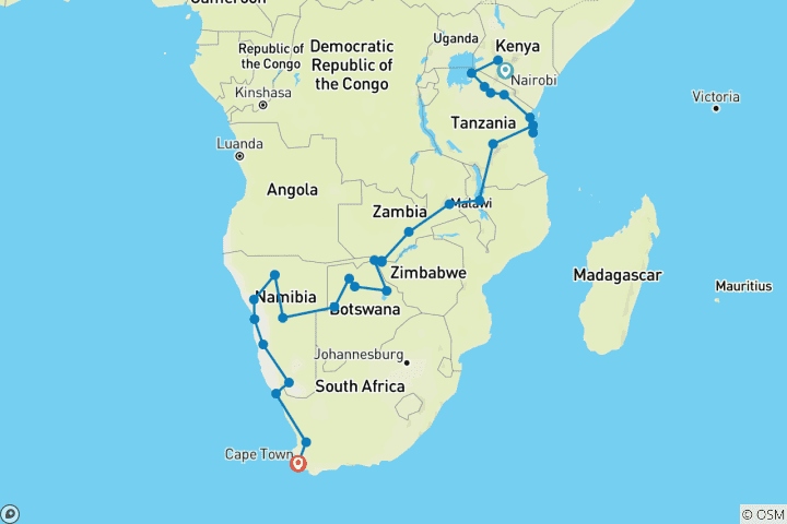 Map of Falls and Sun Safari | 48 Days overlanding From Nairobi to Cape Town