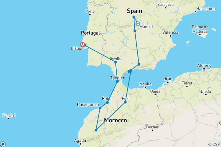 Carte du circuit Points forts de l'Espagne, du Maroc et du Portugal (à partir de 2026, fin à Lisbonne)