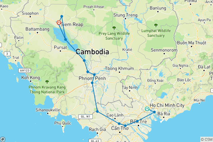 Map of From the Mekong Delta to the Angkor Temples (port-to-port cruise) (15 destinations)