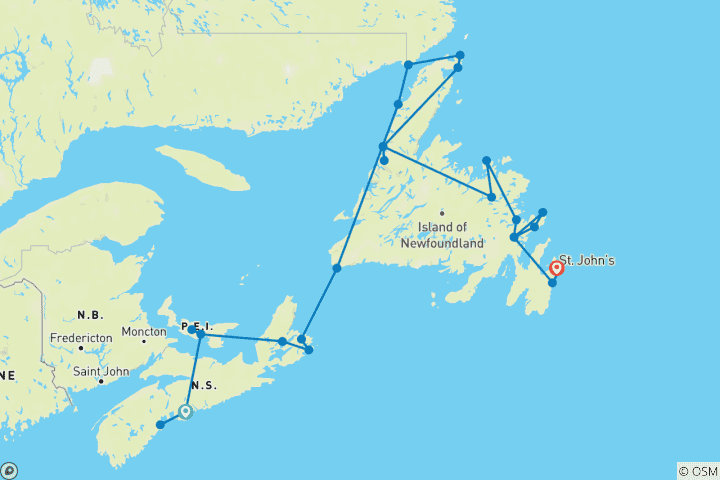 Map of Halifax to St John's (Small Group) - 18 days