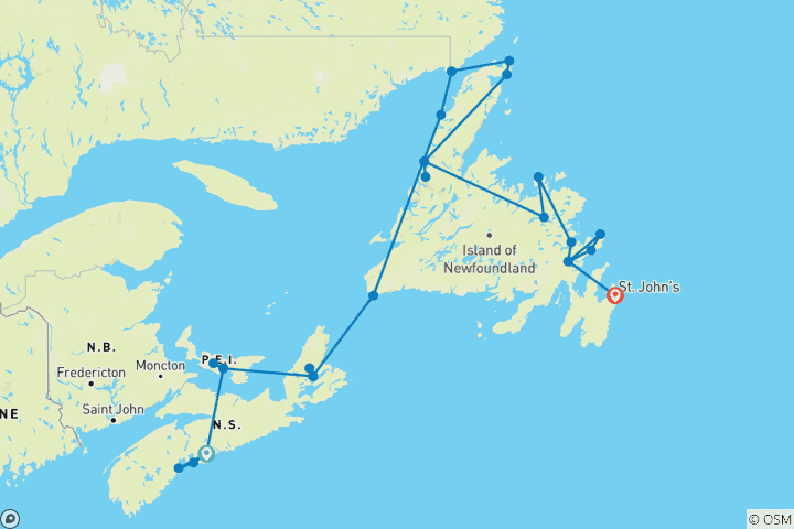 Map of Halifax to St John's (Small Group) - 18 days