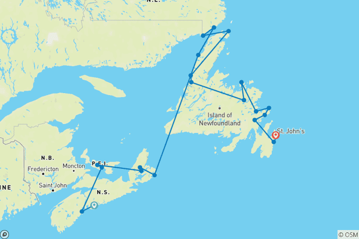 Map of Halifax to St John's - 18 days