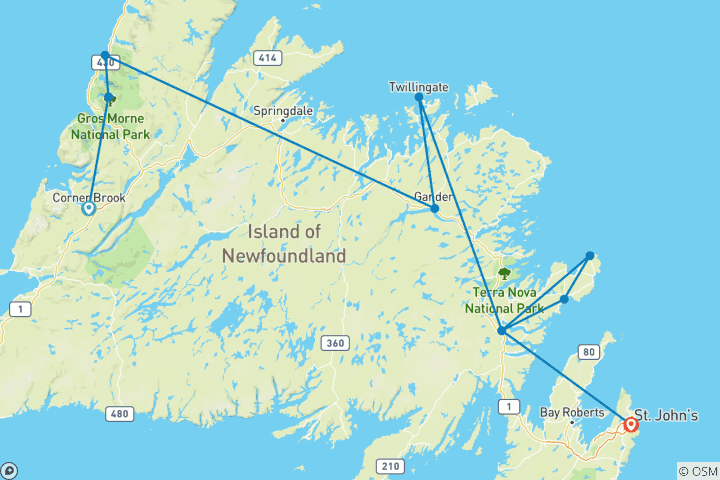 Map of Newfoundland Discovery (Small Group) - 9 days