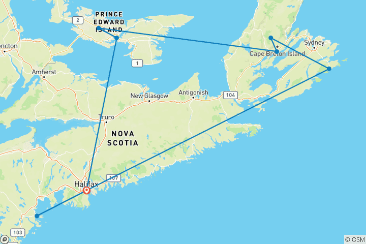 Map of Nova Scotia, Prince Edward & Cape Breton (Small Group) - 8 days