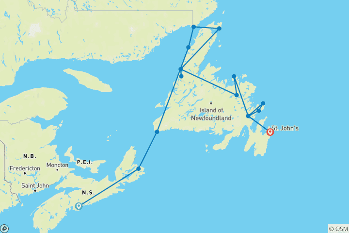 Map of Nova Scotia to Newfoundland (Small Group) - 13 days