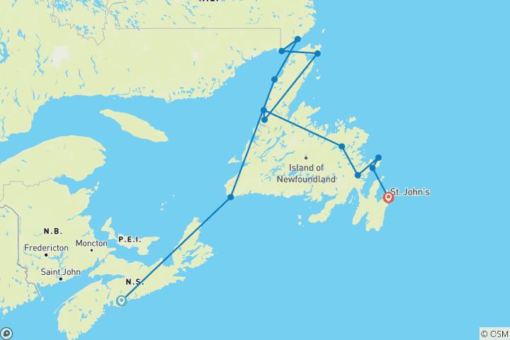 Map of Nova Scotia to Newfoundland - 13 days