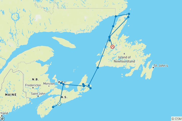 Map of Nova Scotia, Prince Edward & Newfoundland (Small Group) - 13 days