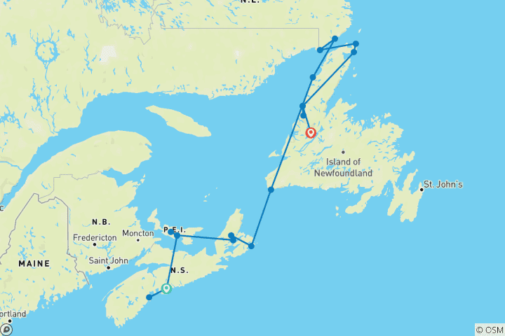 Map of Nova Scotia, Prince Edward & Newfoundland - 13 days