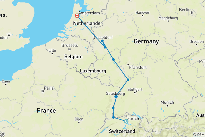 Map of Jewels of the Rhine 2026 - 8 Days (from Zurich to Amsterdam)