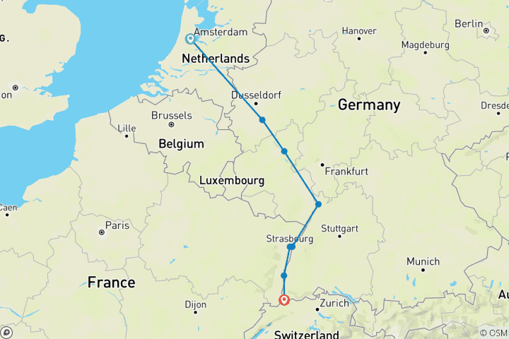 Map of Tulips & the Rhine 2026 - 8 Days (from Amsterdam to Basel)