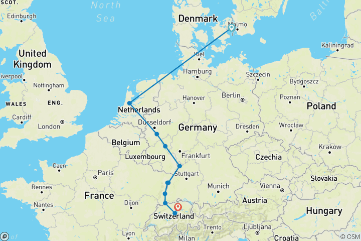 Kaart van Kopenhagen naar Zürich & Juwelen van de Rijn