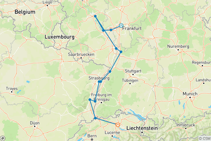 Map of The Majestic Rhine 2026 - 8 Days (from Frankfurt-am-Main to Zurich)