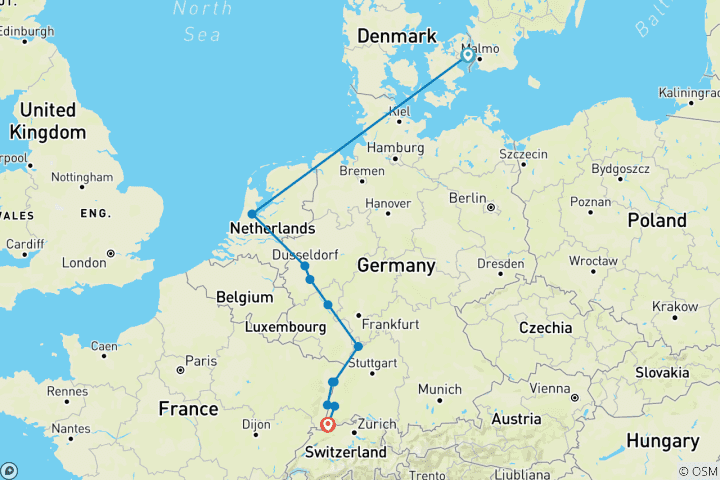 Carte du circuit Joyaux du Rhin et Copenhague 2026|2027 - 11 jours (from Copenhague to Bâle)