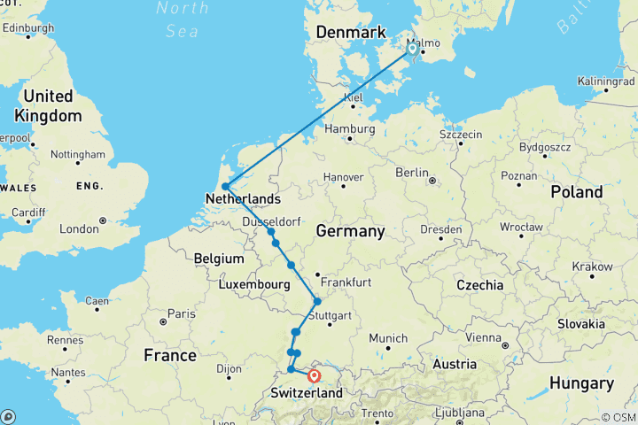 Carte du circuit Joyaux du Rhin et Copenhague 2026|2027 - 11 jours (from Copenhague to Zurich)
