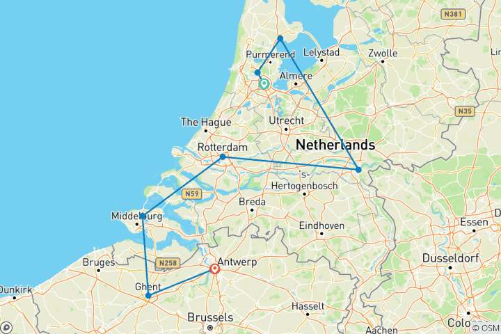 Carte du circuit Tulipes et moulins à vent (2026) (d'Amsterdam à Anvers, 2026)