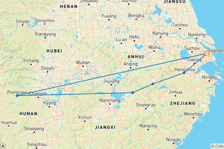 Kaart van Schitterend China 15D: Shanghai, Wangxiangu, Jingdezhen, Huangshan, Shenxianju enz.