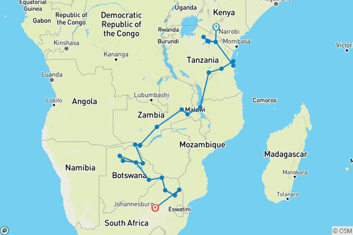 Map of Nairobi to Johannesburg 33 Days Overlanding