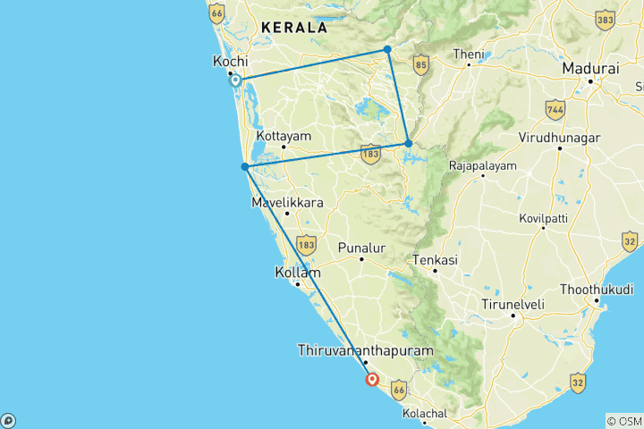 Map of Kerala Escapade with Kovalam: A Coastal and Hill Retreat