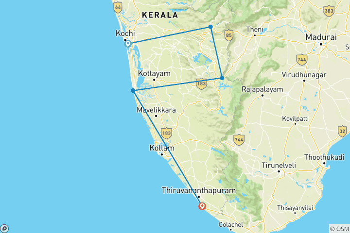 Map of Private Tour of Kerala from Cochin to Kovalam: A Coastal and Hill Retreat