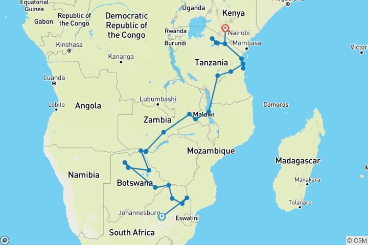 Map of Johannesburg to Nairobi 33 Days Overlanding