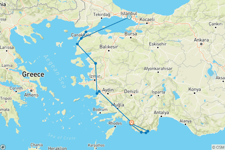 Map of Istanbul, Gallipoli, Ephesus & Sail Week Tour