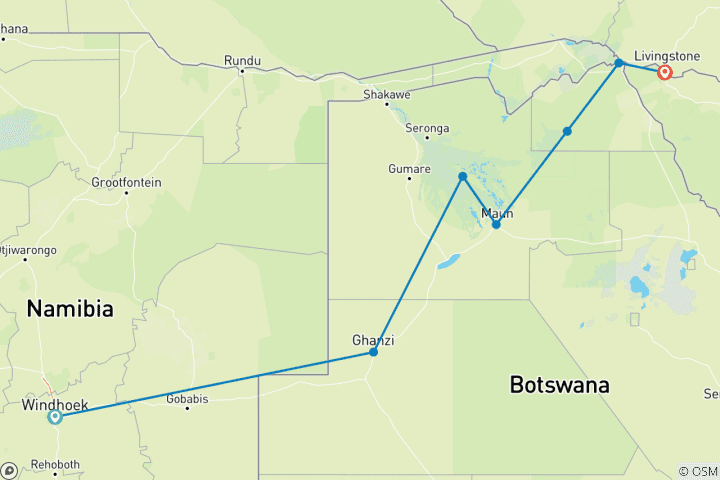 Map of Victoria Falls to Windhoek | 9 Days Overlanding From Windhoek to Victoria Falls