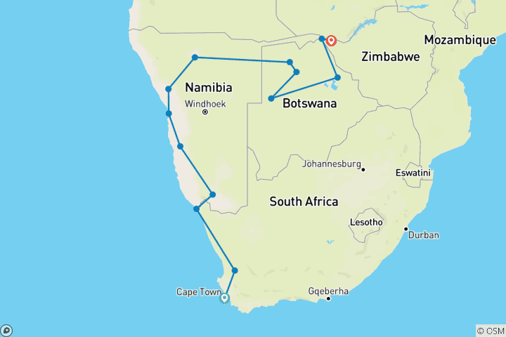 Map of Cape Town to Victoria Falls 22 Days Overlanding