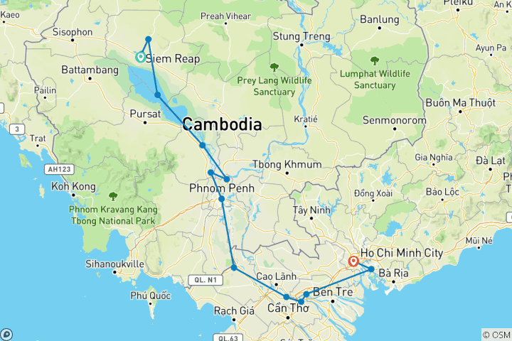 Map of From the Angkor Temples to the Mekong Delta (port-to-port cruise) (28 destinations)