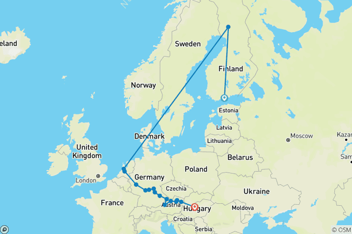 Map of Northern Lights and Lapland with Magnificent Europe Helsinki → Budapest (2026)