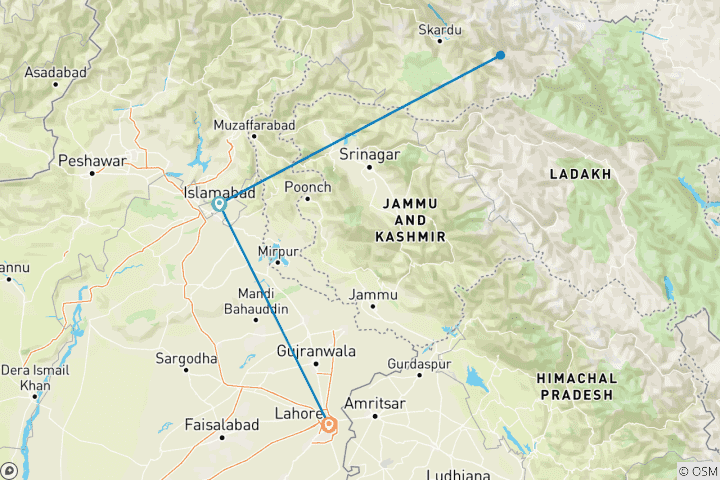 Carte du circuit Pakistan : Lahore et la randonnée dans les montagnes du Karakoram