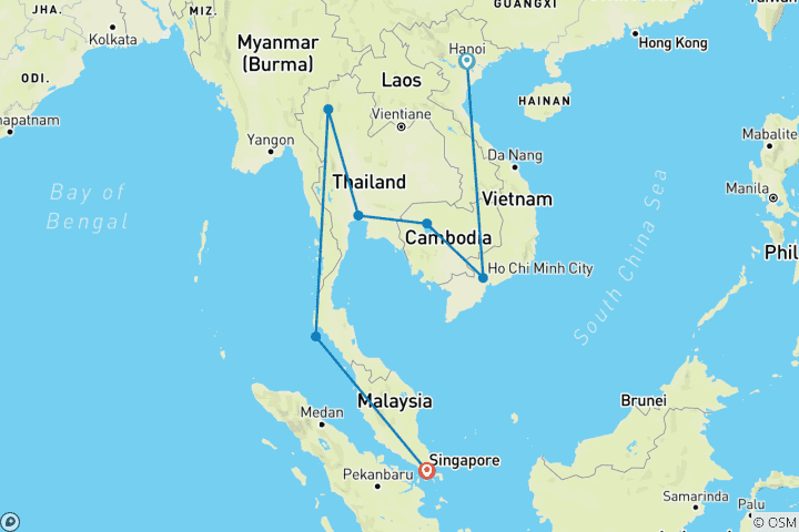 Map of 22 Days Vietnam, Cambodia and Thailand with Singapore Extension (private guide & driver）