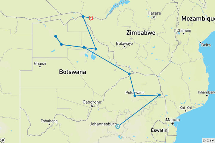 Map of Johannesburg to Victoria Falls 12 Days Overlanding