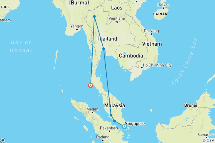 Map of 17 Days Singapore, Malaysia and Thailand Hightlights (private guide & driver）